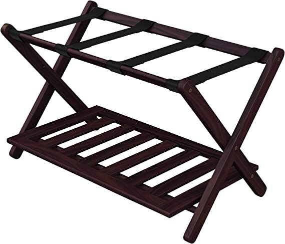 Stony Edge folding luggage rack for guest room Perfect sized 26.75”x16”x22.25” with Extra Shelf Storage - Suitable for Luggage, Suitcase and Shoes (Expresso)