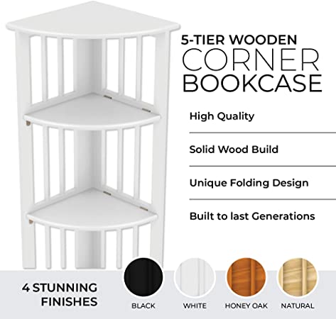 Stony Edge Folding Corner Shelf Easy Assembly - 51”x12.5”x12.5” 5 Tiers - Perfect Wooden Corner Bookshelf Organizer for Books and Decorative Items. (White)
