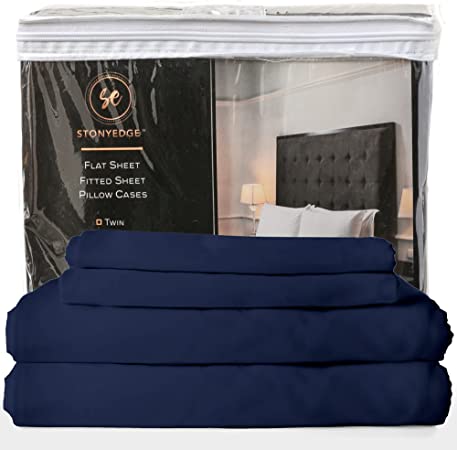Stony Edge Bed Sheets for Queen Size Beds, 300 Thread Count 100% Cotton, Long Staple Yarns, Set of 4 Sateen Weave Navy Blue Bed Sheets & Pillowcases
