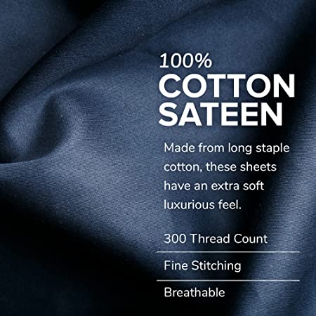 Stony Edge Bed Sheets for Queen Size Beds, 300 Thread Count 100% Cotton, Long Staple Yarns, Set of 4 Sateen Weave Navy Blue Bed Sheets & Pillowcases