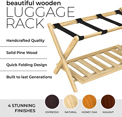 Stony Edge folding luggage rack for guest room Perfect sized 26.75”x16”x22.25” with Extra Shelf Storage - Suitable for Luggage, Suitcase and Shoes (NATURAL)