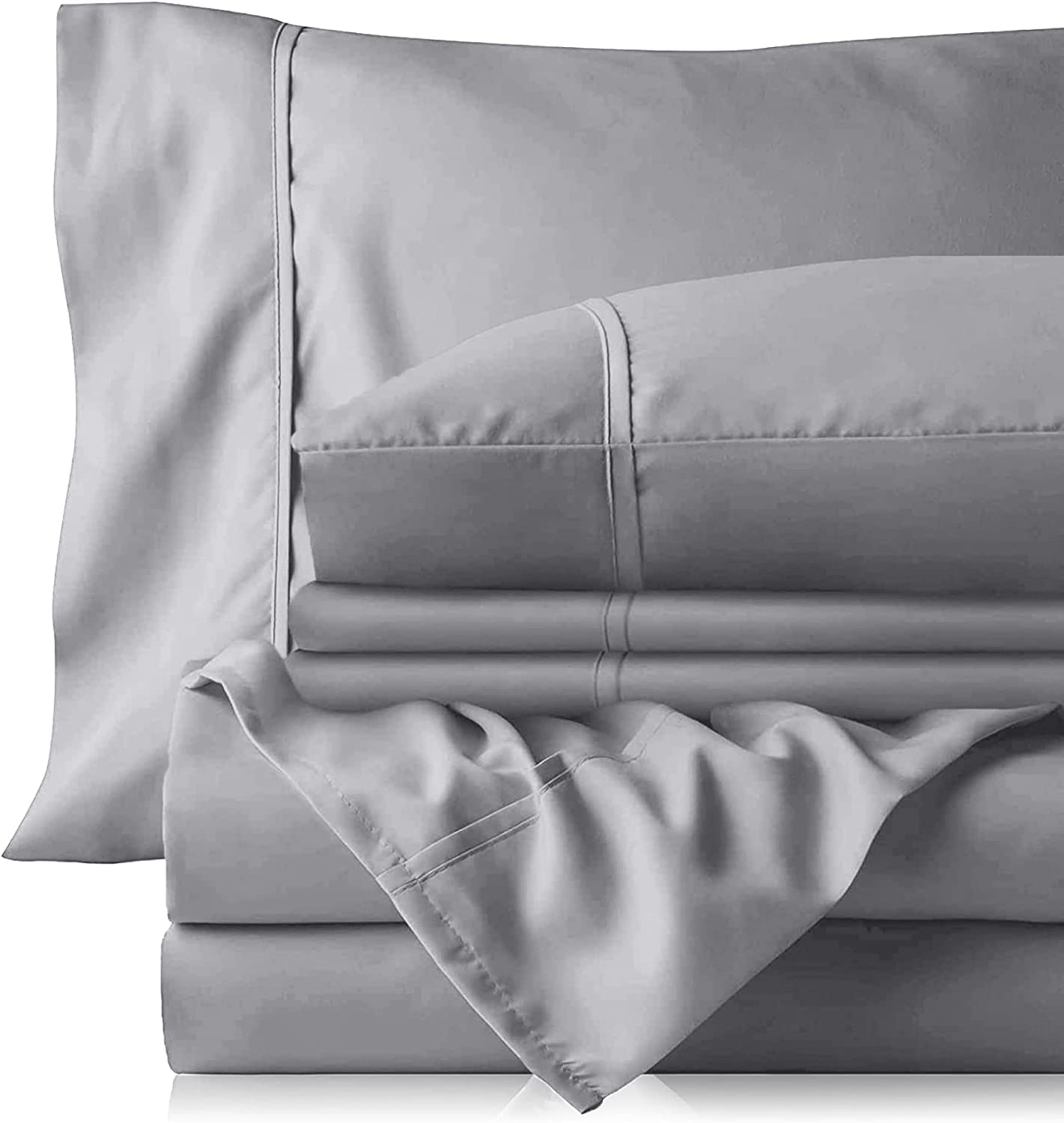 Stony Edge Bed Sheets for All Sized Beds, 300 Thread Count, 100% Cotton, Extra Long Staple Yarns, Set of 4 Sateen Weave Light Gray Bed Sheets & Pillowcases