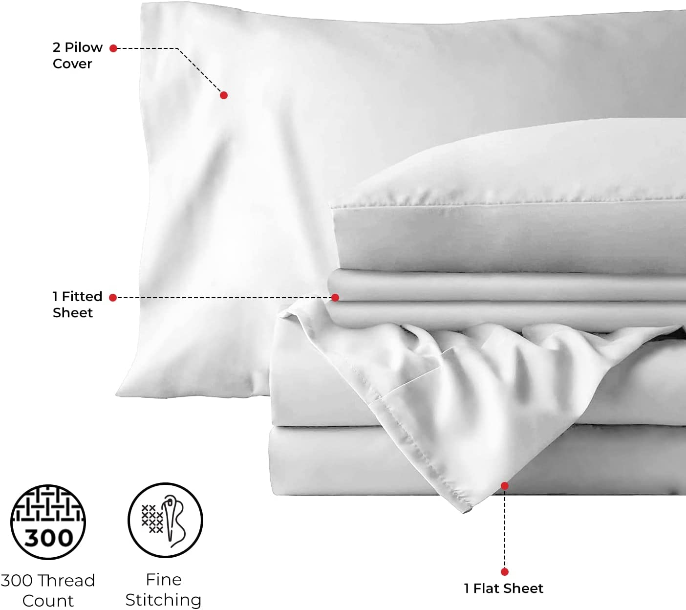 Stony Edge Bed Sheets for Any Sized Beds, 300 Thread Count, 100% Cotton, Extra Long Staple Yarns, Set of 4 Sateen Weave White Bed Sheets & Pillowcases