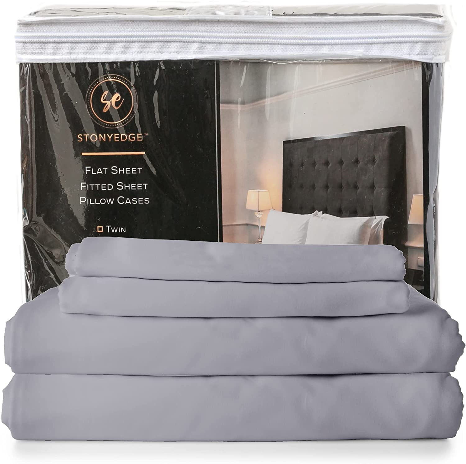 Stony Edge Bed Sheets for All Sized Beds, 300 Thread Count, 100% Cotton, Extra Long Staple Yarns, Set of 4 Sateen Weave Light Gray Bed Sheets & Pillowcases