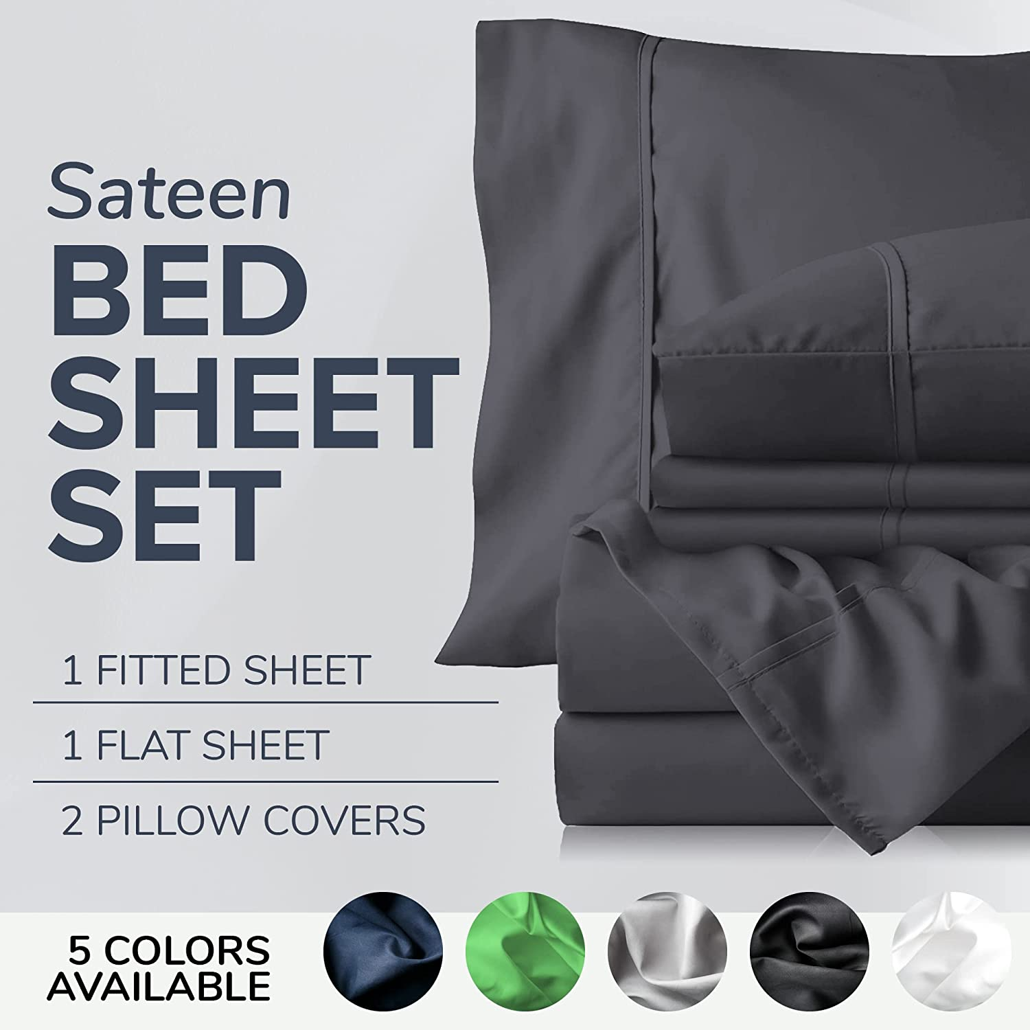 Stony Edge Bed Sheets for King Size Beds, 300 Thread Count, 100% Cotton, Extra Long Staple Yarns, Set of 4 Sateen Weave Gray Bed Sheets & Pillowcases