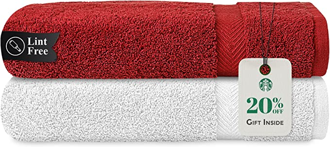 Stony Edge Towel Set, 2 Bath Towels, 100% Cotton, 600 GSM, Ultra Soft & Absorbent for Bathroom, Kitchen, Gym & Spa, White and Maroon