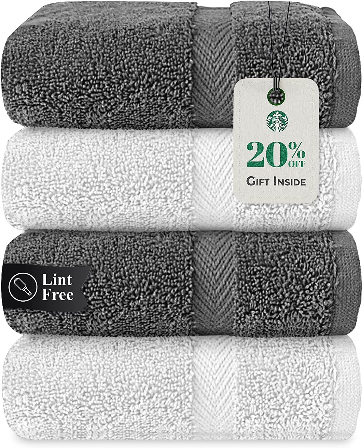 Stony Edge Towel Set, 4 Hand Towels, 100% Cotton, 600 GSM, Soft & Absorbent for Bathroom, Kitchen, Gym & Spa, White & Gray