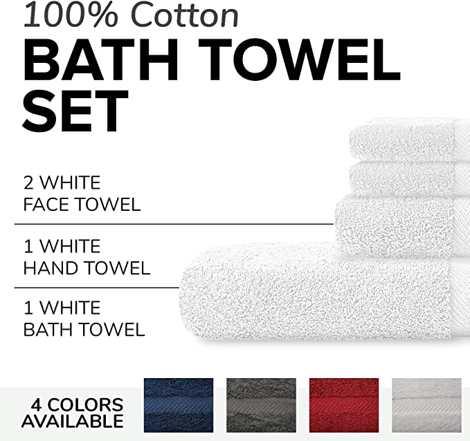 Stony Edge Towel Set, 1 Bath Towel, 1 Hand Towel & 2 Face Towels, 100% Cotton, 600 GSM, Soft & Absorbent for Bathroom, Kitchen, Gym & Spa, White