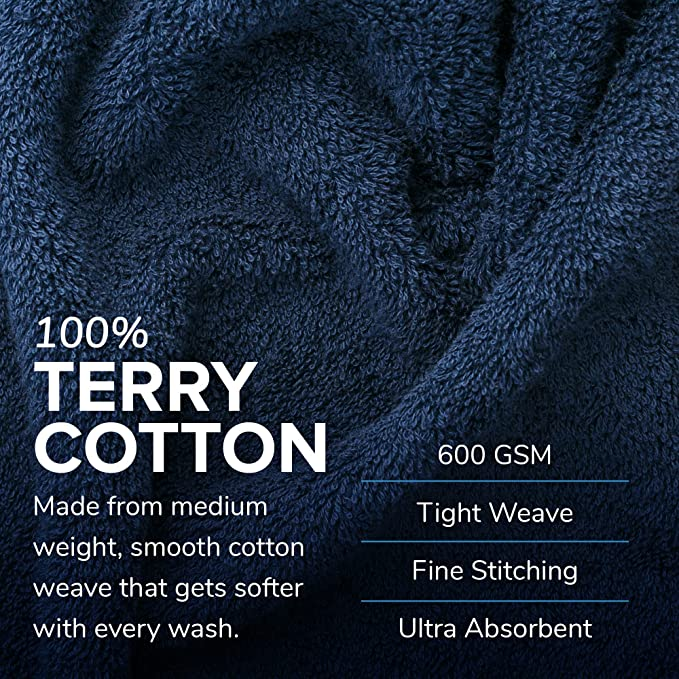 Stony Edge Towel Set, 4 Hand Towels, 100% Cotton, 600 GSM, Soft & Absorbent for Bathroom, Kitchen, Gym & Spa, White & Navy Blue